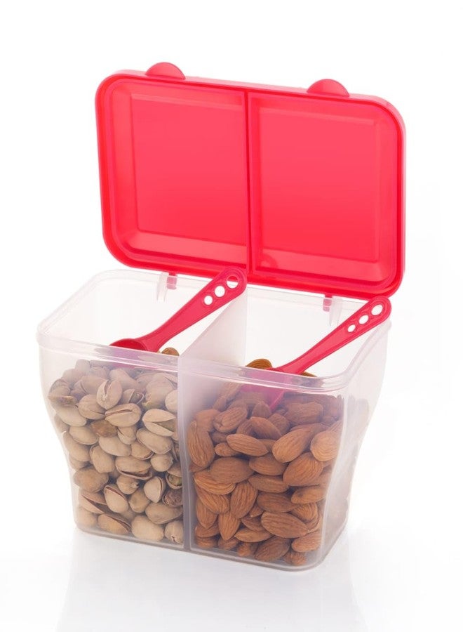 HAPPI Multipurpose Plastic 2 in 1 Masala Box for Kitchen, Spice Boxes for Kitchen, Transparent 2 Compartment Storage Containers Airtight Grocery, Dry Fruits Box 2000 Ml with 2 Spoons(Pink) - Image 3